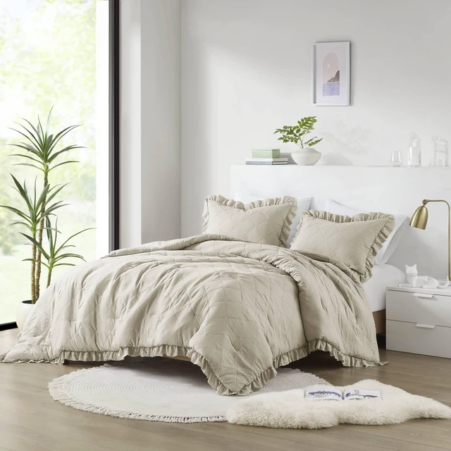 Main image of 3 Piece King Cal King Diamond Quilted Ruffle Edge Comforter Set, Neutral, Microfiber, Bedding Sets
