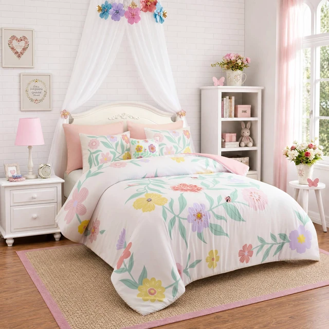 Main image of Full Queen Comforter Set, Multicolor Pink, Microfiber, Bedding Sets