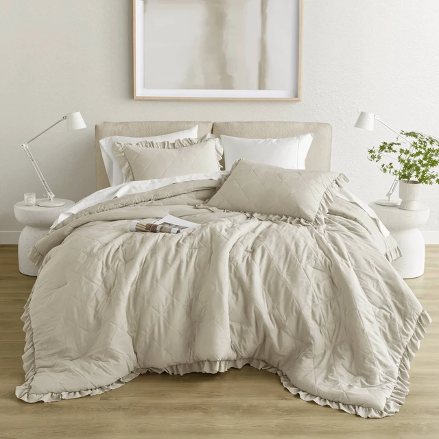 Alt view image 2 of 7 - 3 Piece King Cal King Diamond Quilted Ruffle Edge Comforter Set, Neutral, Microfiber, Bedding Sets