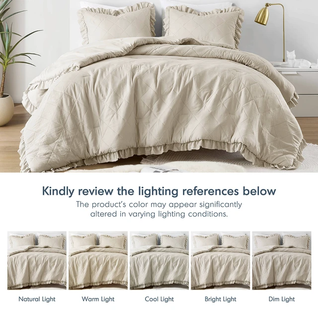 Alt view image 4 of 7 - 3 Piece King Cal King Diamond Quilted Ruffle Edge Comforter Set, Neutral, Microfiber, Bedding Sets