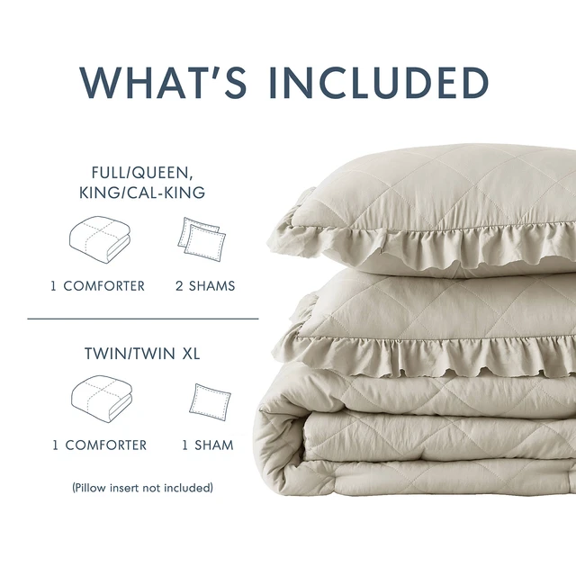 Alt view image 5 of 7 - 3 Piece King Cal King Diamond Quilted Ruffle Edge Comforter Set, Neutral, Microfiber, Bedding Sets