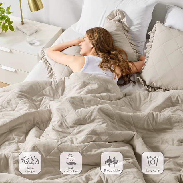 Alt view image 7 of 7 - 3 Piece King Cal King Diamond Quilted Ruffle Edge Comforter Set, Neutral, Microfiber, Bedding Sets