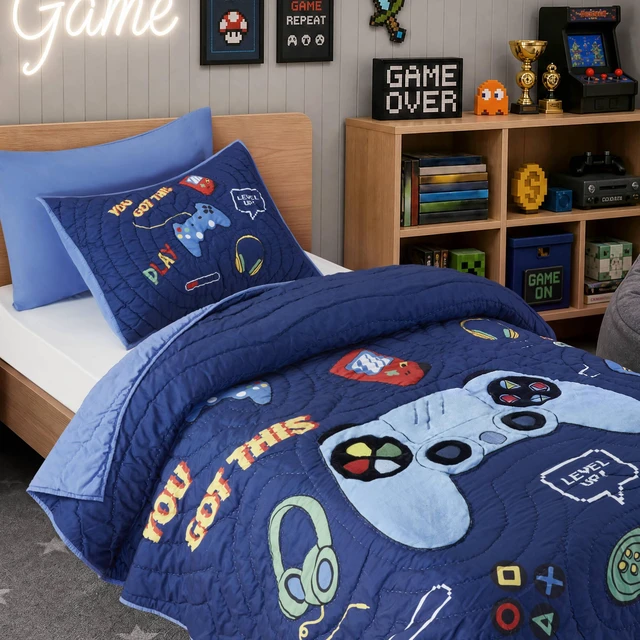 Main image of Twin Quilt Set, Navy Multi, Microfiber, Bedding Sets