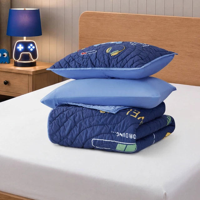 Alt view image 3 of 7 - Twin Quilt Set, Navy Multi, Microfiber, Bedding Sets