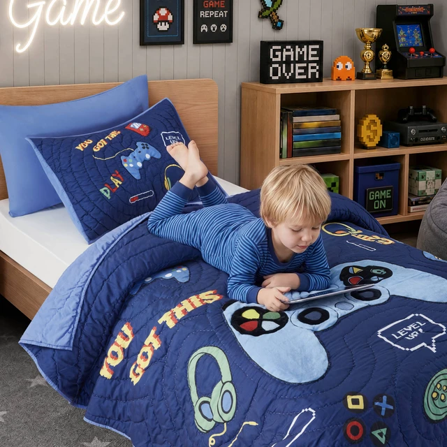 Alt view image 2 of 7 - Twin Quilt Set, Navy Multi, Microfiber, Bedding Sets