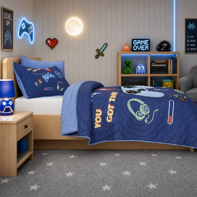 Alt view image 4 of 7 - Twin Quilt Set, Navy Multi, Microfiber, Bedding Sets