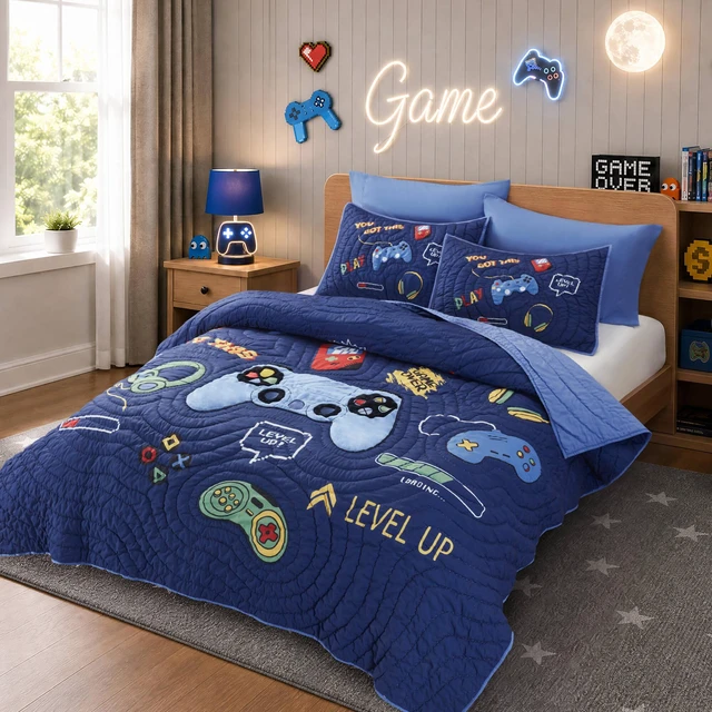 Main image of Full Queen Quilt Set, Navy Multi, Microfiber, Bedding Sets