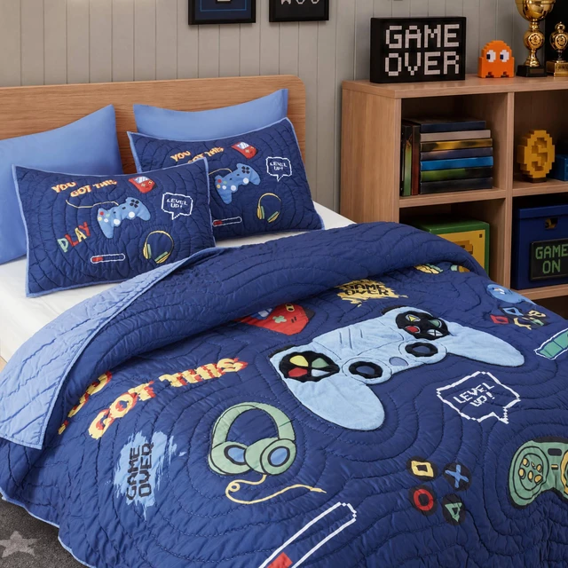 Alt view image 6 of 7 - Full Queen Quilt Set, Navy Multi, Microfiber, Bedding Sets
