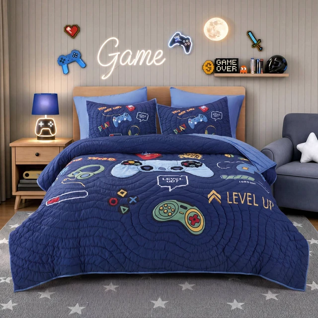 Alt view image 2 of 7 - Full Queen Quilt Set, Navy Multi, Microfiber, Bedding Sets