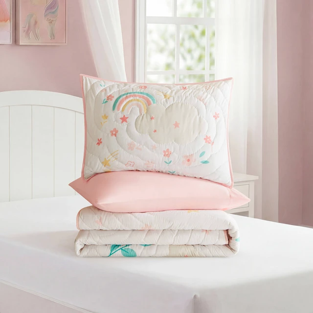 Alt view image 2 of 7 - Twin Quilt Set, Multicolor Pink, Microfiber, Bedding Sets