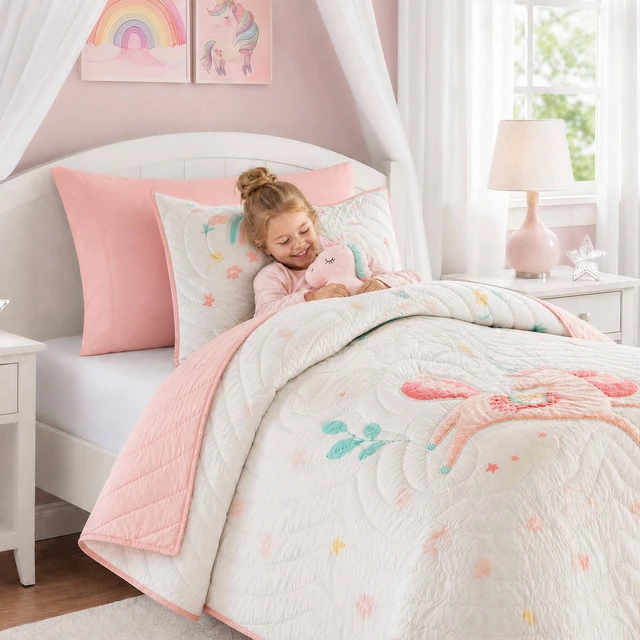 Alt view image 4 of 7 - Twin Quilt Set, Multicolor Pink, Microfiber, Bedding Sets