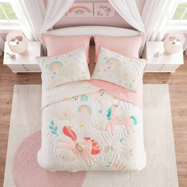 Alt view image 2 of 7 - Full Queen Quilt Set, Multicolor Pink, Microfiber, Bedding Sets