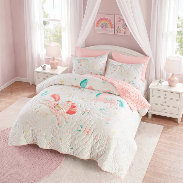 Alt view image 4 of 7 - Full Queen Quilt Set, Multicolor Pink, Microfiber, Bedding Sets