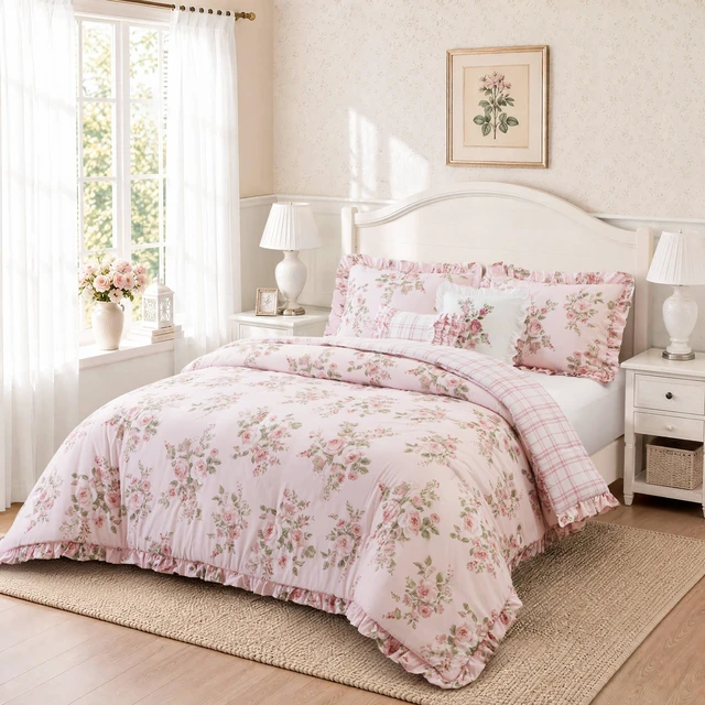 Main image of Full Queen Comforter Set, Multicolor Pink, Microfiber, Bedding Sets