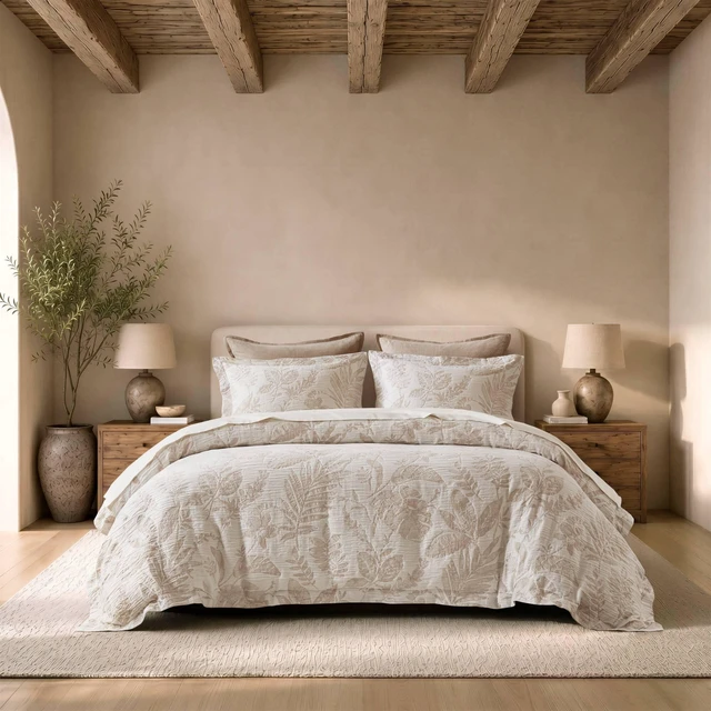 Main image of King Cal King Cotton Jacquard Botanical Duvet Cover Set, Linen, Polyester, Bedding Sets