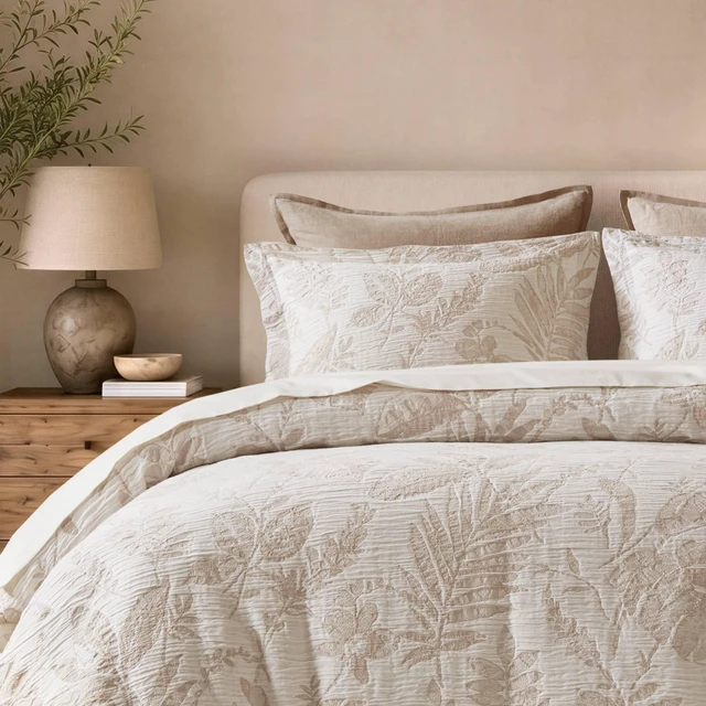 Alt view image 2 of 7 - King Cal King Cotton Jacquard Botanical Duvet Cover Set, Linen, Polyester, Bedding Sets
