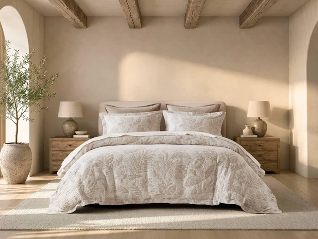 Alt view image 6 of 7 - King Cal King Cotton Jacquard Botanical Duvet Cover Set, Linen, Polyester, Bedding Sets
