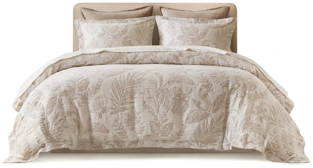 Alt view image 5 of 7 - King Cal King Cotton Jacquard Botanical Duvet Cover Set, Linen, Polyester, Bedding Sets