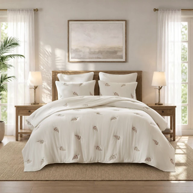 Alt view image 5 of 7 - Full Queen Cotton Lightweight Quilt Set, White Gray, Bedding Sets