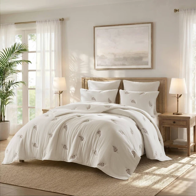 Main image of Full Queen Cotton Lightweight Quilt Set, White Gray, Bedding Sets