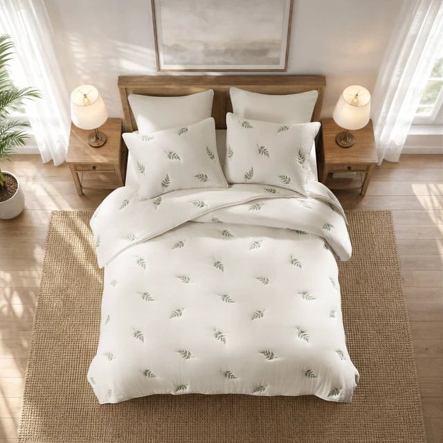 Alt view image 2 of 7 - King Cal King Cotton Lightweight Quilt Set, Sage, White, Bedding Sets