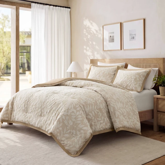 Alt view image 6 of 7 - Queen Cotton Blend Botanical Jacquard Comforter Set, Beige, Bedding Sets