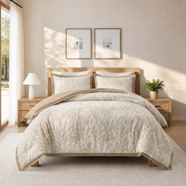 Main image of Queen Cotton Blend Botanical Jacquard Comforter Set, Beige, Bedding Sets