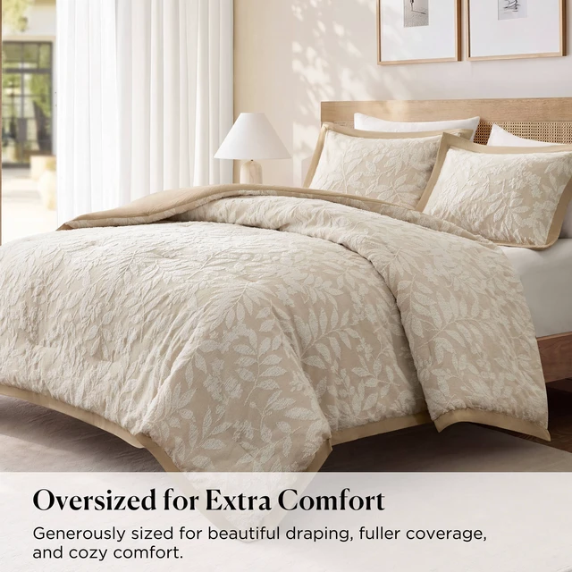 Alt view image 5 of 7 - Queen Cotton Blend Botanical Jacquard Comforter Set, Beige, Bedding Sets