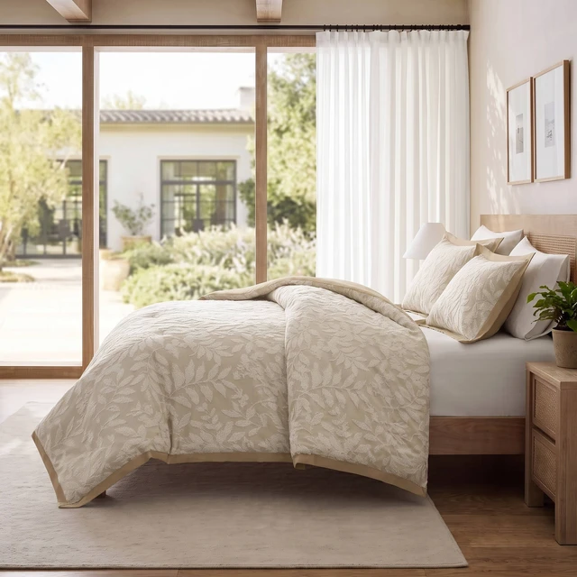 Alt view image 3 of 7 - Queen Cotton Blend Botanical Jacquard Comforter Set, Beige, Bedding Sets