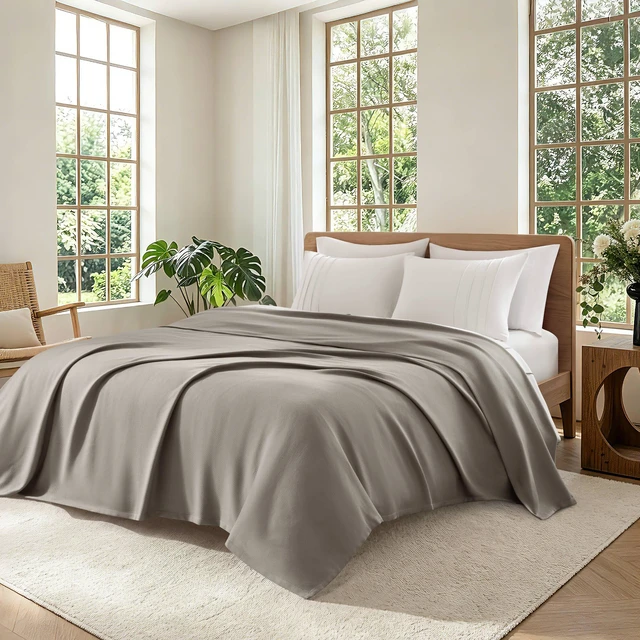 Main image of Full Queen Blanket, Micro Herringbone, Grey, Cotton, Blankets Pillows