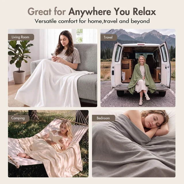 Alt view image 3 of 7 - Full Queen Blanket, Micro Herringbone, Grey, Cotton, Blankets Pillows