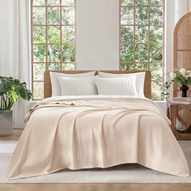 Main image of Full Queen Blanket, Micro Herringbone, Beige, Cotton, Blankets Pillows