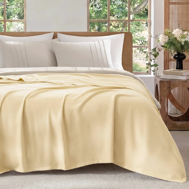 Alt view image 2 of 7 - King Blanket, Micro Herringbone, Yellow, Cotton, Blankets Pillows