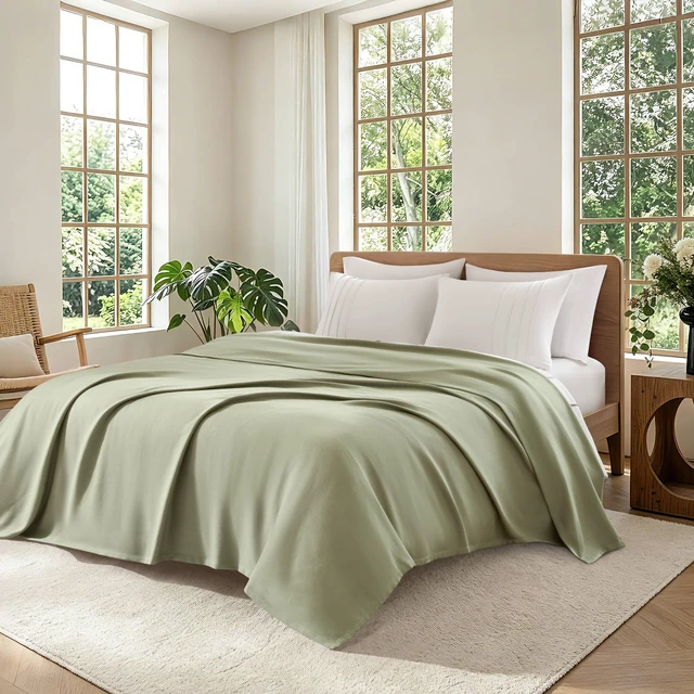 Main image of King Blanket, Micro Herringbone, Green, Cotton, Blankets Pillows