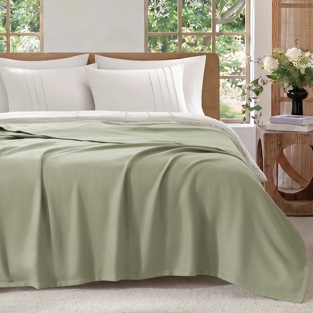 Alt view image 4 of 7 - King Blanket, Micro Herringbone, Green, Cotton, Blankets Pillows