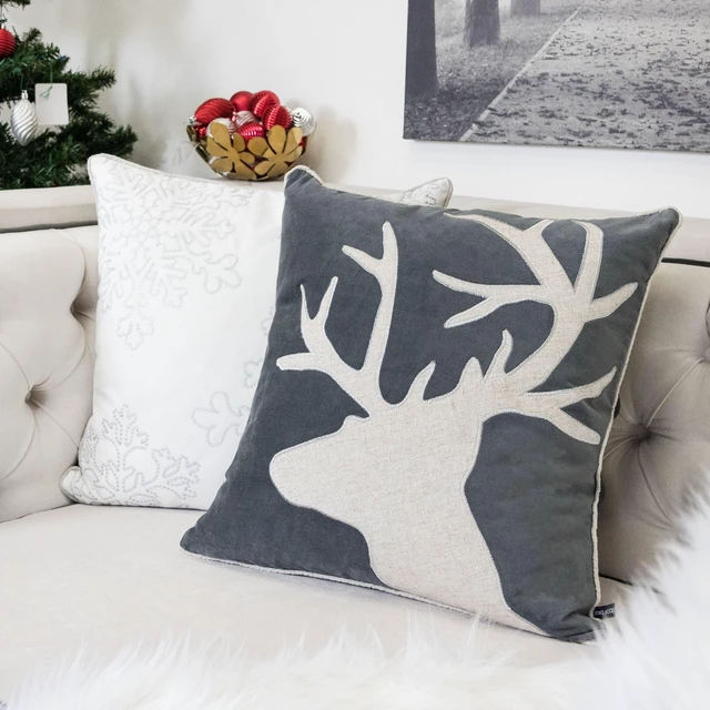 Alt view image 2 of 7 - Holiday Reindeer Velvet Accent Pillow 20 and with Insert Set, Gray, Polyester, Blankets Pillows