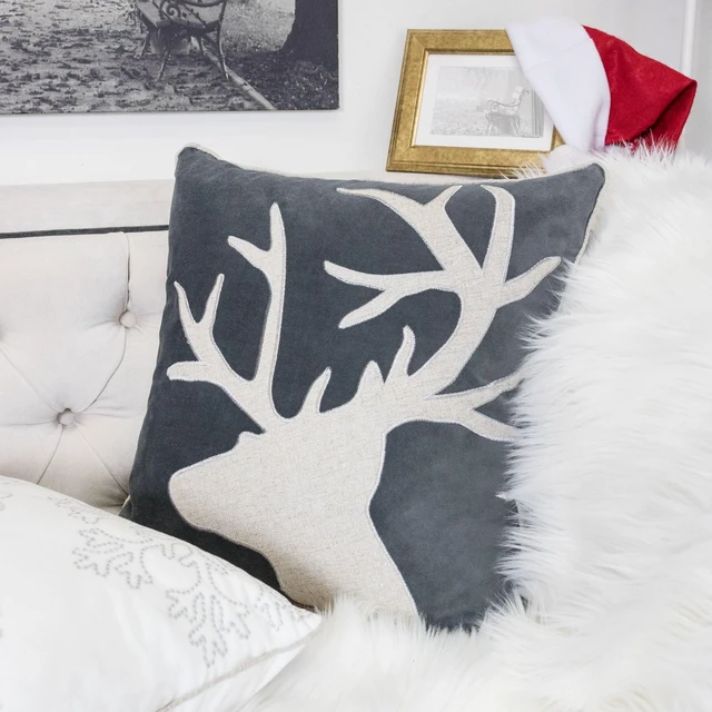 Alt view image 5 of 7 - Holiday Reindeer Velvet Accent Pillow 20 and with Insert Set, Gray, Polyester, Blankets Pillows