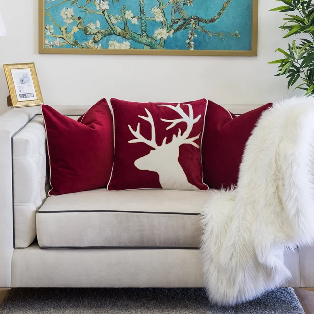 Alt view image 2 of 7 - Holiday Reindeer Velvet Accent Pillow 20 and with Insert Set, Red, Polyester, Blankets Pillows