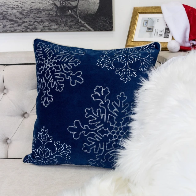 Alt view image 3 of 5 - Velvet Holiday Throw Pillow 20 with Snowflake Embroidery and Insert Set, Blue, Polyester, Blankets Pillows