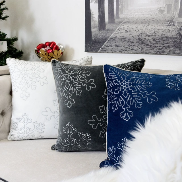 Alt view image 4 of 5 - Velvet Holiday Throw Pillow 20 with Snowflake Embroidery and Insert Set, Blue, Polyester, Blankets Pillows