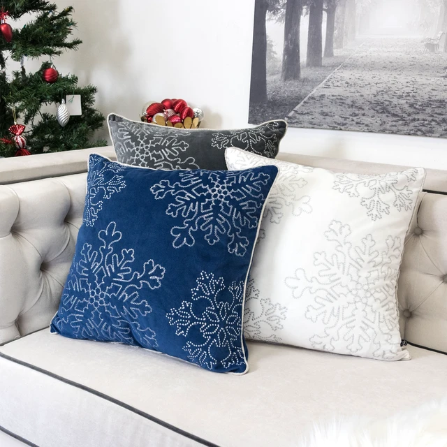 Alt view image 5 of 5 - Velvet Holiday Throw Pillow 20 with Snowflake Embroidery and Insert Set, Blue, Polyester, Blankets Pillows