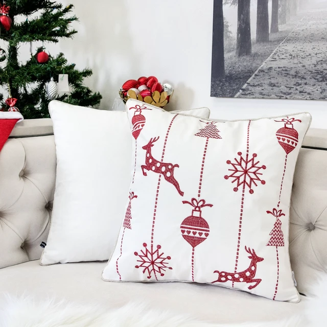 Alt view image 3 of 5 - Christmas Throw Pillow 20 with Embroidered Reindeer and Snowflakes Set, White, Polyester, Blankets Pillows