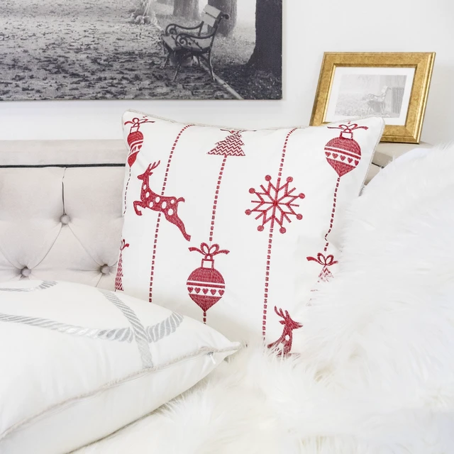Alt view image 2 of 5 - Christmas Throw Pillow 20 with Embroidered Reindeer and Snowflakes Set, White, Polyester, Blankets Pillows