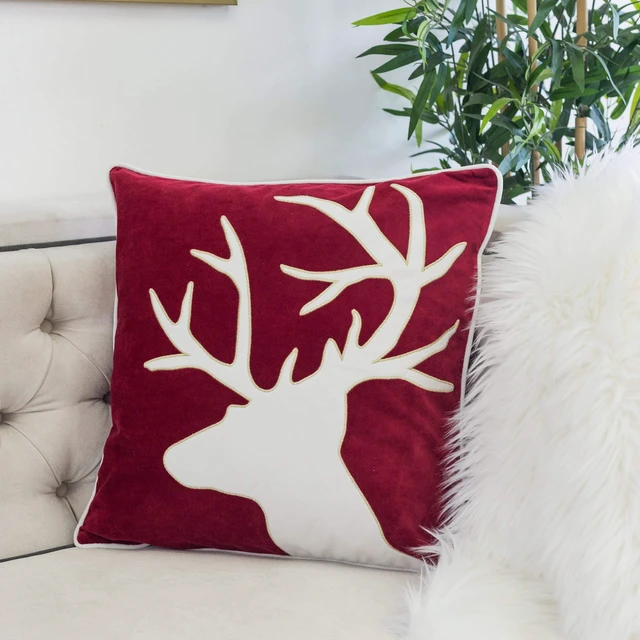 Alt view image 7 of 7 - Holiday Reindeer Velvet Accent Pillow 20 and with Insert Set, Red, Polyester, Blankets Pillows
