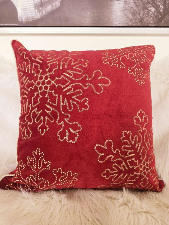 Main image of Velvet Holiday Throw Pillow 20 with Snowflake Embroidery and Insert Set, Red, Polyester, Blankets Pillows
