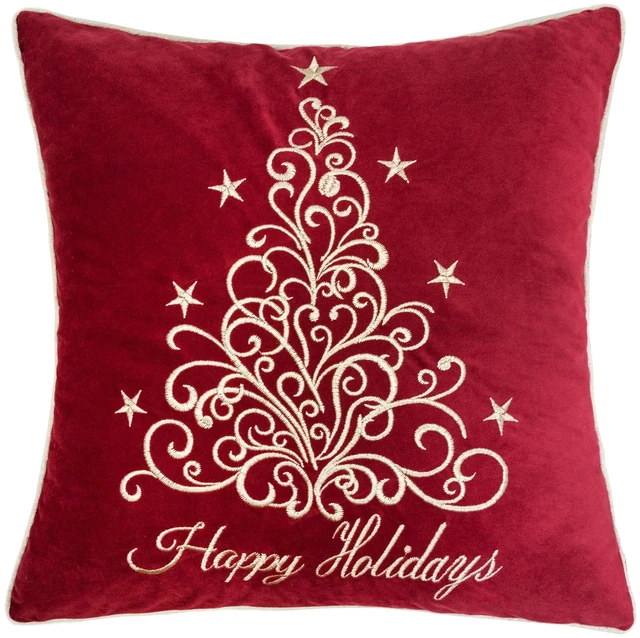 Main image of Happy Holidays Embroidered Velvet Throw Pillow 20 Inch Christmas Accent Cushion with Detailing Set, Red