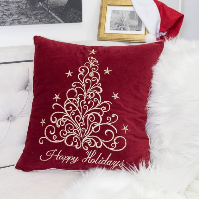 Alt view image 4 of 7 - Happy Holidays Embroidered Velvet Throw Pillow 20 Inch Christmas Accent Cushion with Detailing Set, Red
