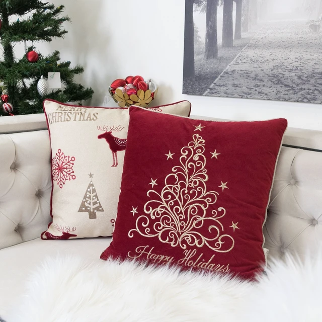 Alt view image 5 of 7 - Happy Holidays Embroidered Velvet Throw Pillow 20 Inch Christmas Accent Cushion with Detailing Set, Red