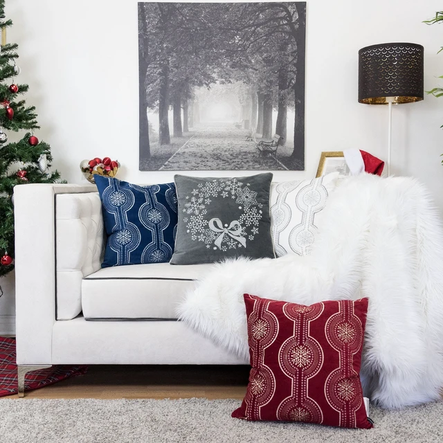Alt view image 3 of 5 - Velvet Holiday Throw Pillow with Snowflake Wreath Embroidery, 20 with Insert Set, Gray, Polyester, Blankets Pillows