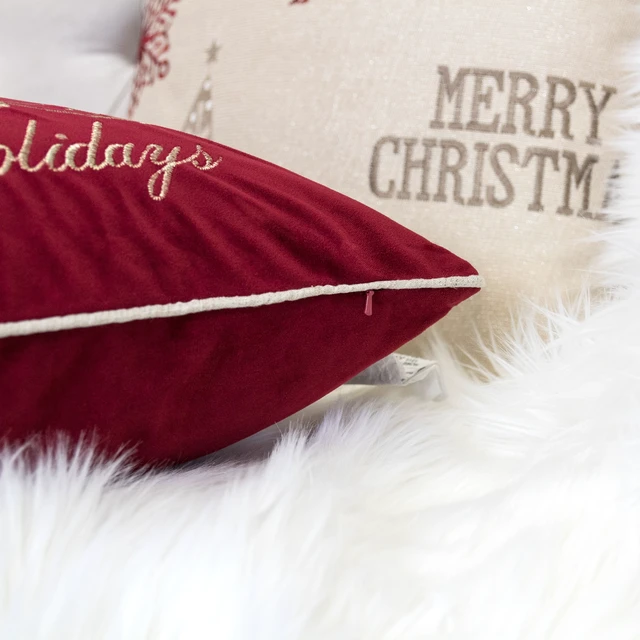 Alt view image 7 of 7 - Happy Holidays Embroidered Velvet Throw Pillow 20 Inch Christmas Accent Cushion with Detailing Set, Red